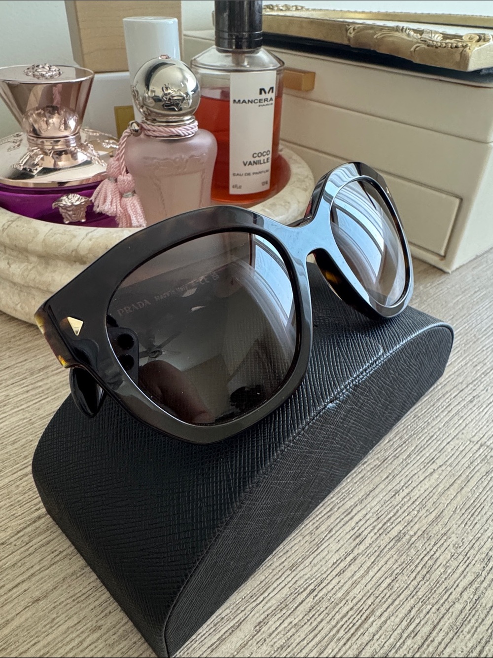 Prada Black Round Oversized Sunglasses with Tortoiseshell Temples